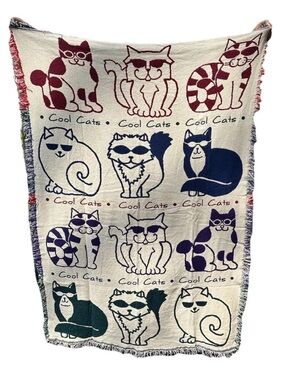 VTG JC Penney New Old Cool Cats Multi-Color Woven Throw Blanket - Pet Cat Design